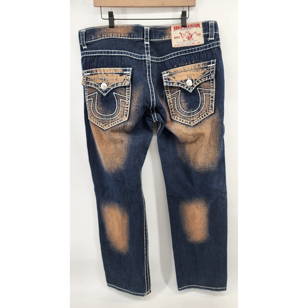 True Religion Joey Super T Distressed Bleach Wash Blue Denim Jeans 42